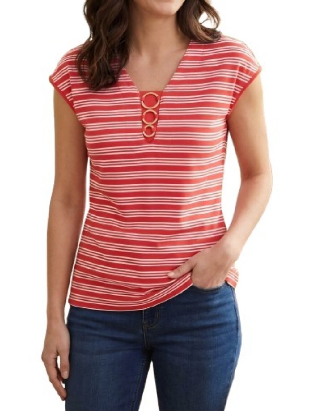 N Touch Red Striped Knit Blouse Neck Embellishment Slight Dolman Sleeves